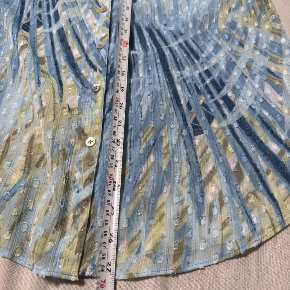 Chico's Abstract Palm Print Clip Dot Metallic Blouse Blue Green Size 1 Medium - Picture 8 of 12